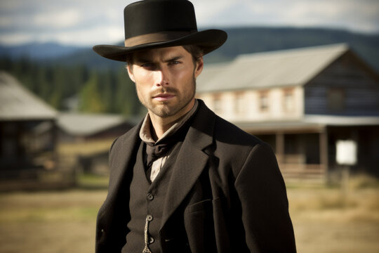 Portrait of a man dressed like Jesse James the legendary US robber and outlaw with American town in background