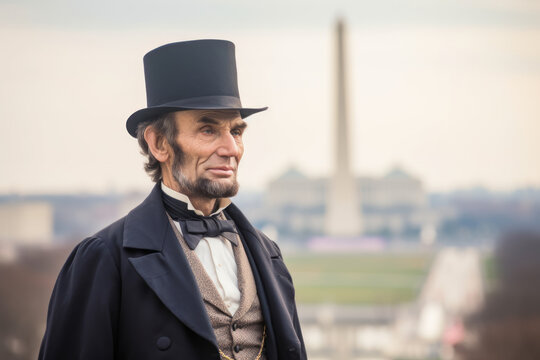 Portrait of a man dressed like Abraham Lincoln the former president with American city in background
