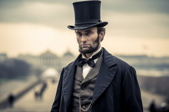 Portrait of a man dressed like Abraham Lincoln the former president with American city in background