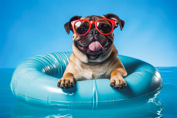 Photo of a cool dog enjoying summer in water on a inflatable circle with sunglasses on, dog on vacation, sea side holiday with dog