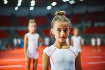 Portrait of young girl gymnasts ready to compete in a stadium, pretty athletic gymnasts looking focused while performing on a national tournament - obrazy, fototapety, plakaty