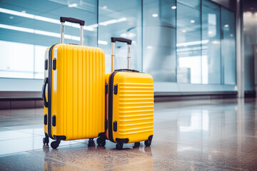 Two suitcases in empty airport hall, traveler cases in departure airport terminal waiting area, vacation concept, concept of traveling with airplane