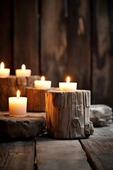 Candles aglow casting soft warm light on a rustic wooden table  AI generated illustration
