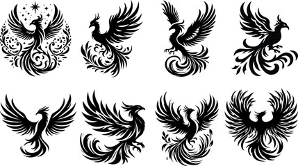 Phoenix Bird Black Silhouette Isolated Vector EPS