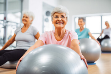 Fototapeta na wymiar Active senior women doing pilates with soft ball and exercising in a group, staying healthy and fit no matter the age, elderly fit women