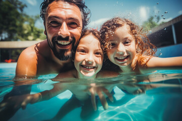 Underwater shot of father and daughters swimming in the pool and smiling, enjoying fatherhood, quality time between father and daughters at home pool - obrazy, fototapety, plakaty