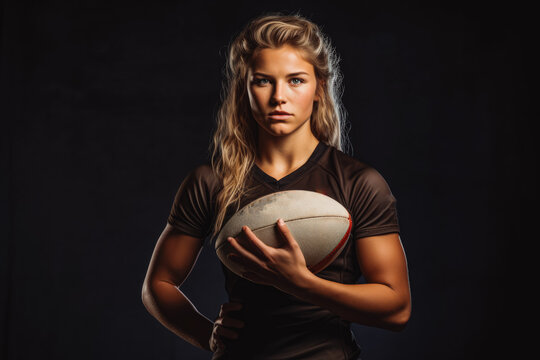 Beautiful athletic female rugby player holding the ball in her arms and looking focus on a black background, female ready for a game of rugby