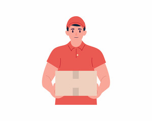 A delivery man in red uniform holds a cardboard box in his hands