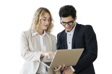 People colleagues a woman and a man use a laptop employees in the office in office clothes. Transparent background.