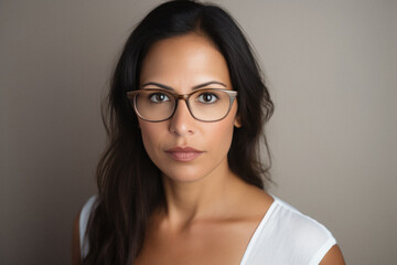 Portrait of a beautiful young woman in eyeglasses on gray background.