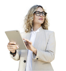 The leader is a woman in a jacket using a tablet in her hands. The online project manager uses the...