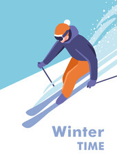 Winter time. Concept of vacation and travel. Active winter holidays, skiing downhill. Skier on the piste. Vector illustration for mobile and web graphics.