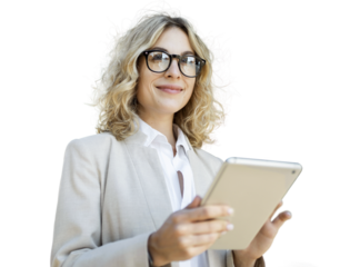 A business woman uses a tablet in her hands. The online project manager uses the Internet to work.