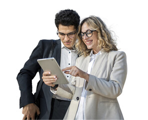 People colleagues a woman and a man use a tablet employees in the office in office clothes....
