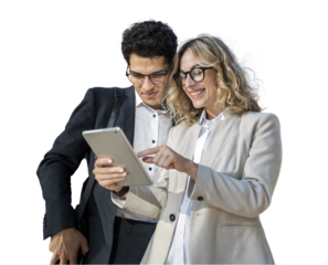 People colleagues a woman and a man use a tablet employees in the office in office clothes. Transparent background.