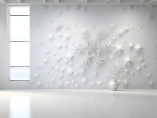 white room with a window and snowflakes on the wall
