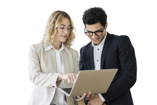 People colleagues a woman and a man use a laptop employees in the office in office clothes. Transparent background.