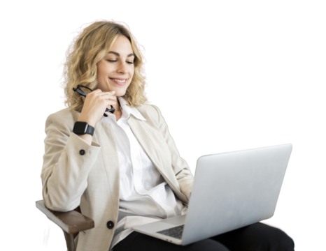 A smart consultant woman uses a laptop sitting in a chair in the office. The psychologist reads the client's messages and smiles for the positive feedback.