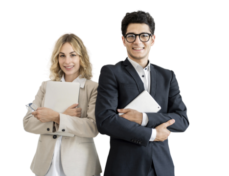 Business people a man and a woman are standing together as office employees. Colleagues work in a team, project partners, keep a tablet and laptop.