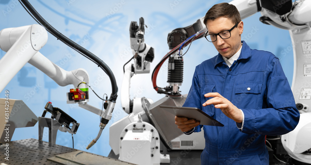 Aufkleber robots in a smart factory. smart industry 4.0 concept