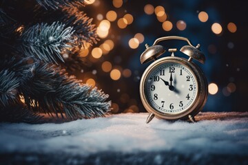 Christmas or New Year background with Golden alarm clock in snowdrifts on blue background with holiday lights counting last moments before Christmass Countdown to midnight. - obrazy, fototapety, plakaty