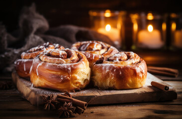 Obraz na płótnie Canvas Sweet cinnamon buns on wooden board and candles on the background, free space for text
