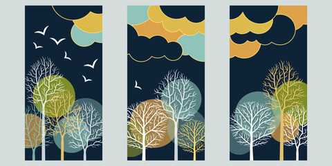 3 affiches artistiques, ou triptyque, sur le thème de la nature avec des arbres et des nuages aux couleurs de l’hiver.