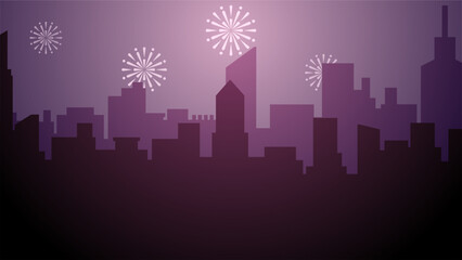 New year cityscape vector illustration. Scenery of city with sparkling fireworks in new year event. New year panorama at city for illustration, background or wallpaper