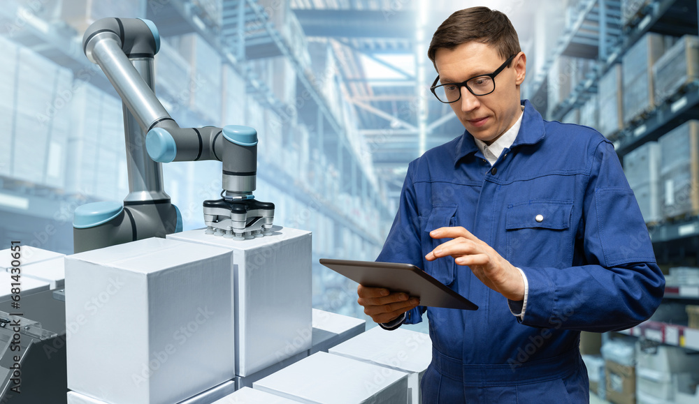 Poster Warehouse manager with digital tablet controls robot.