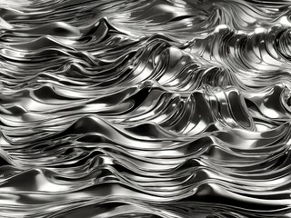 Close up texture of liquid shiny metal in silver gray color with highlights and shimmers. Liquid metallic texture, backdrop for web promotion. Generative AI 3d rendering illustration imitation