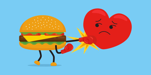 Huge cheeseburger red boxing glove punching red heart on face, Unhealthy food concept, illustration vector cartoon.  