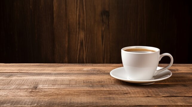 Coffee cup with a blank label on a wooden table  AI generated illustration
