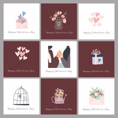 Fototapeta na wymiar A set of postcards for Valentine's Day. Cute illustrations. Couple in love. Cute elements for holiday cards