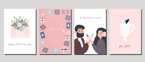 A set of postcards for Valentine's Day. Couple in love on ice skates and various festive elements. Save the date