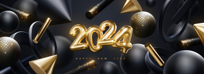 Golden 2024 numbers with flowing black and gold geometric 3d shapes. Vector festive illustration. Happy New 2024 Year. Festive poster or banner design. Party invitation - 681432080