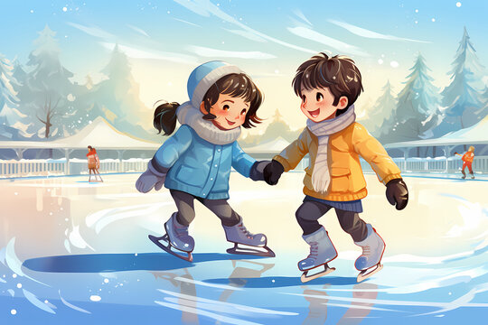 children playing ice skating in winter