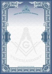 Vertical blank with Masonic symbols for creating certificates, diplomas, bills and other securities. Classic design in blue and white with rococo elements.