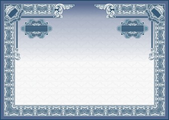Blank horizontal form for creating certificates, diplomas or other securities and documents. Made in a classic style with rococo elements in blue tones. A4 format.