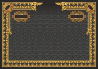 Blank horizontal form for creating certificates, diplomas or other securities and documents. Made in a classic style with gold elements on a black background. A4 format.