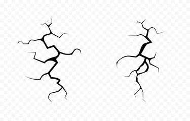 Vector cracks in the ground. Set of various cracked png. Cracks or breaks in the surface. Damaged ground, surface.