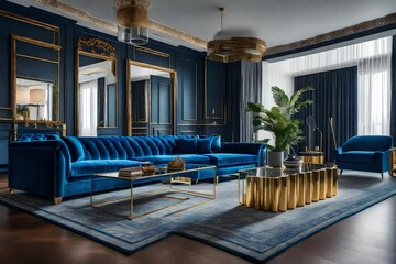 photo a living room with a blue sofa and a gold coffee table