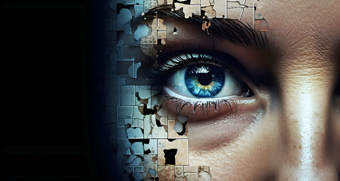 female head falling to bits. AI generated.