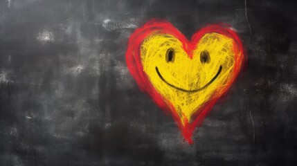 hand drawn heart with smiley face on it, chalk, copy space, 16:9