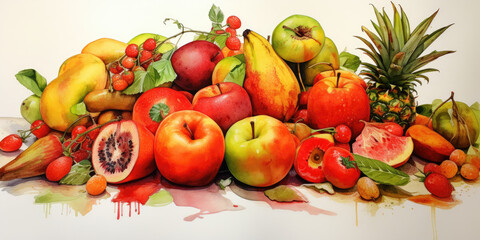 fruits and vegetables isolated in watercolor painting. 