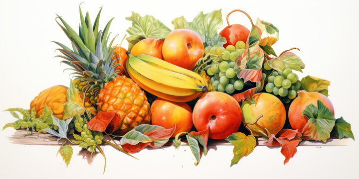 fruits and vegetables isolated in watercolor painting. 