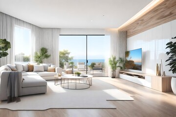 3d rendering white wood living room near bedroom upstair