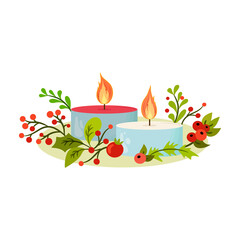 Composition with candles in aluminum can and floral elements. Winter and autumn holidays design
