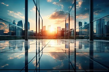 Deurstickers Modern office building or business center Tall buildings' windows made of glass reflect clouds and sunlight. Empty streets outside the walls of modern civilization business growth by Generative AI © chartchai