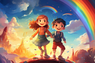 Obraz na płótnie Canvas children playing happily on rainbow background