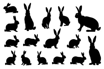 Easter bunny silhouettes isolated on white background. Rabbit and Hare collection vector illustration of animals